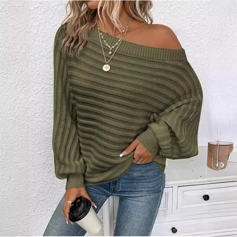 Matilda Green | Off-Shoulder Ribbed Knit Sweater