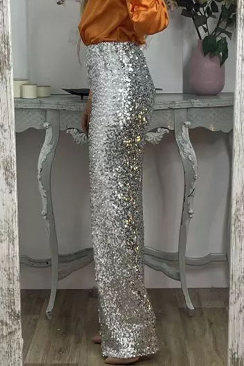 Phoebe Griffiths | Lime Sequin Wide-Leg Party Trousers