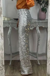 Phoebe Griffiths | Lime Sequin Wide-Leg Party Trousers