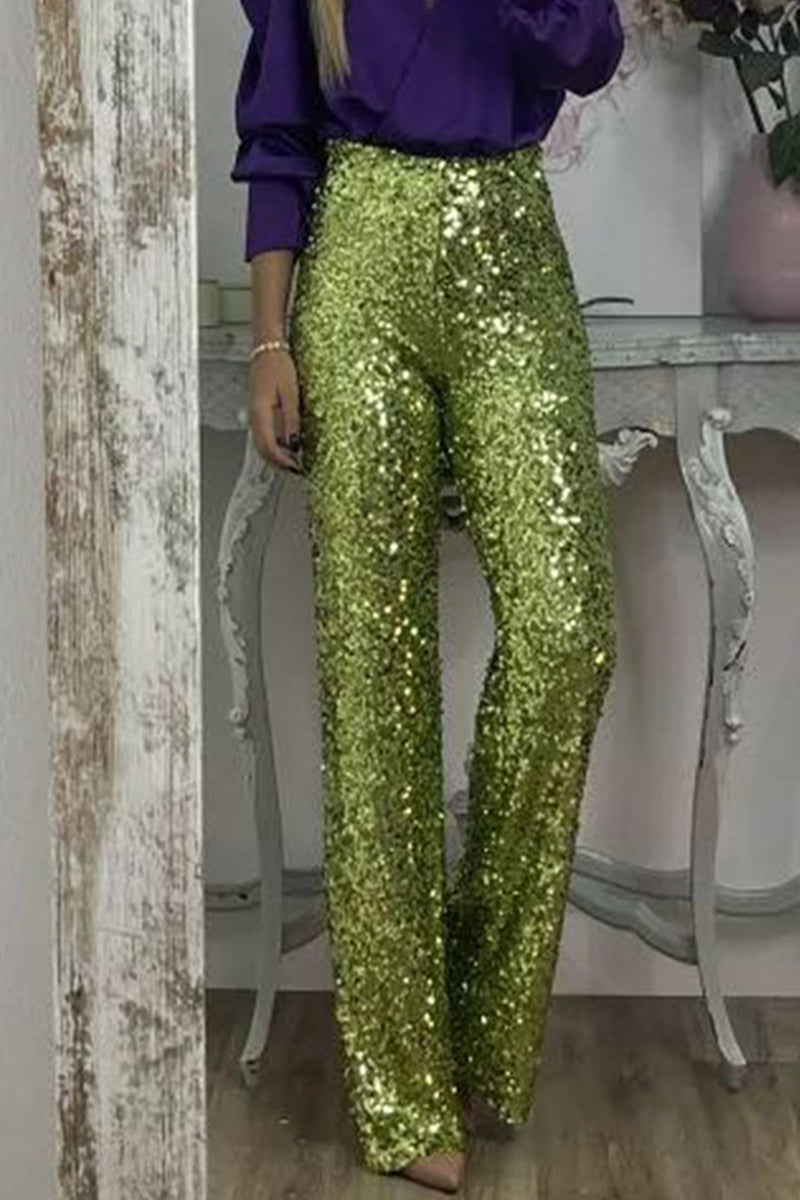 Phoebe Griffiths | Lime Sequin Wide-Leg Party Trousers