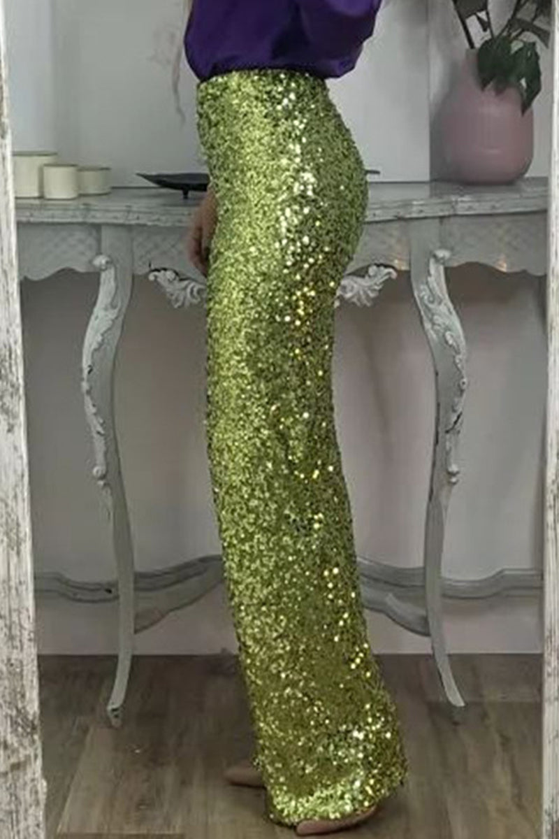 Phoebe Griffiths | Lime Sequin Wide-Leg Party Trousers