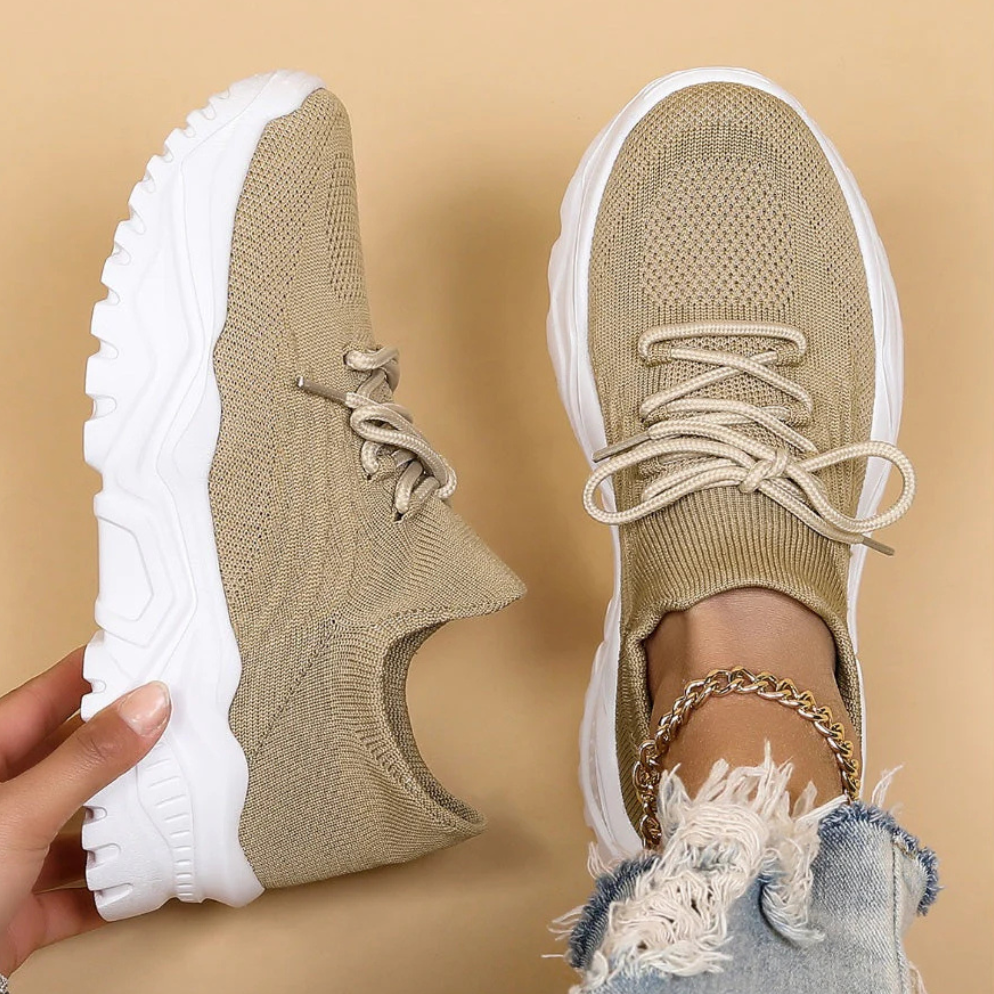 Elspeth Davies | White Knit Sock Sneakers with Chunky Sole