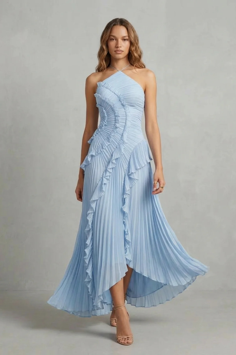 Cordelia Ashton | Sculpted Pleats Halter Midi Dress in Dusty Lilac