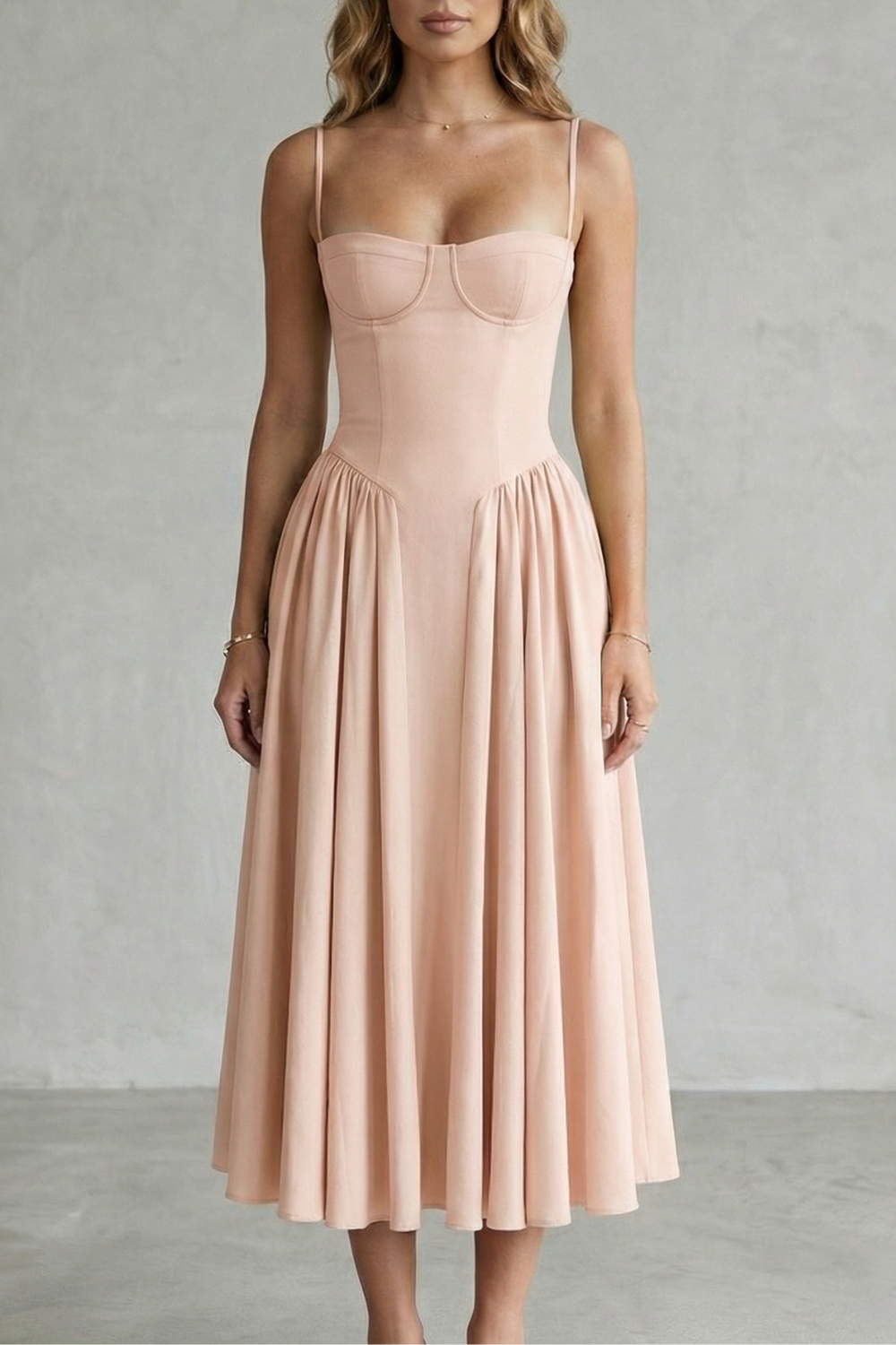 Eleanor Whitfield | Sage Green Corset Midi Dress – Structured Pleated