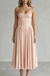 Eleanor Whitfield | Sage Green Corset Midi Dress – Structured Pleated