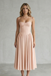 Eleanor Whitfield | Sage Green Corset Midi Dress – Structured Pleated