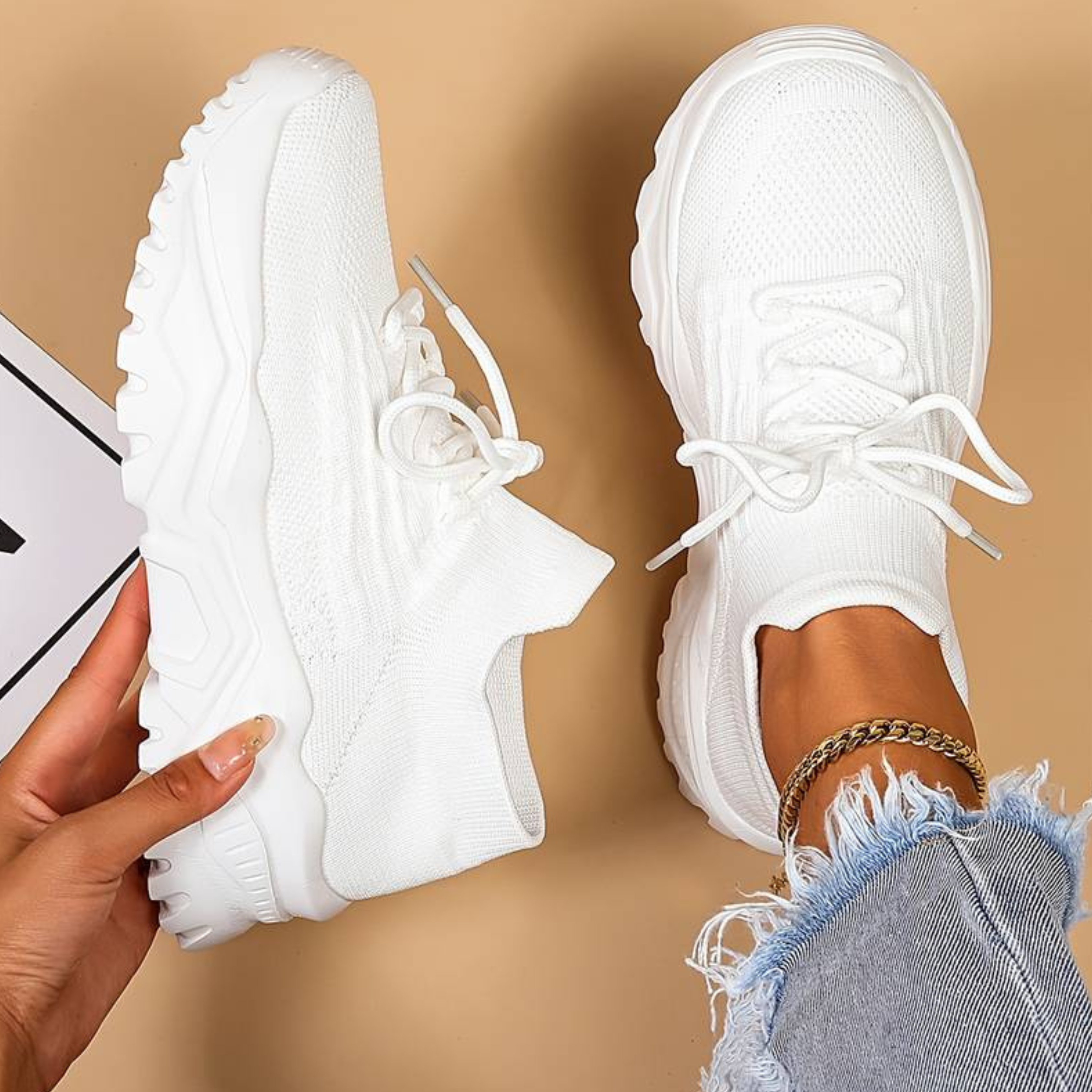 Elspeth Davies | White Knit Sock Sneakers with Chunky Sole