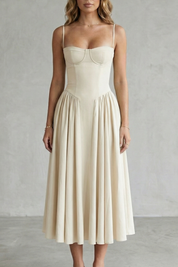 Eleanor Whitfield | Sage Green Corset Midi Dress – Structured Pleated