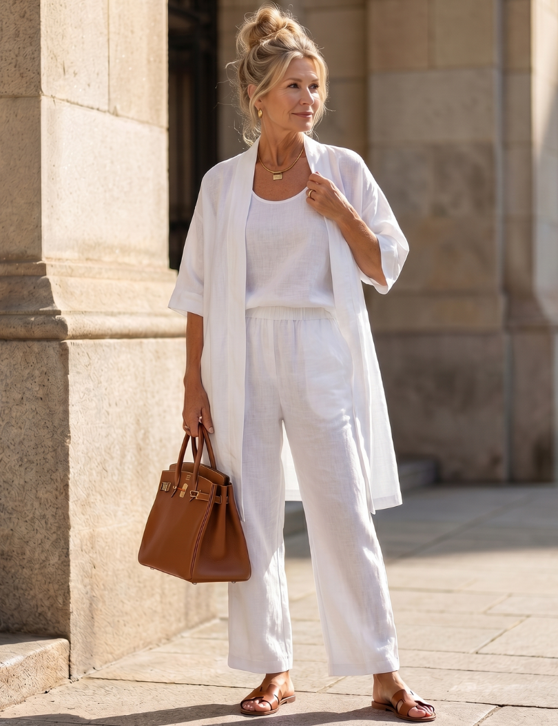 Dorinda Hughes | Three-Piece Linen Blend Outfit Set in Dusty Rose