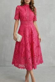 Arabella Courtney | Ornate Lace High-Neck Midi Dress in Fuchsia Pink