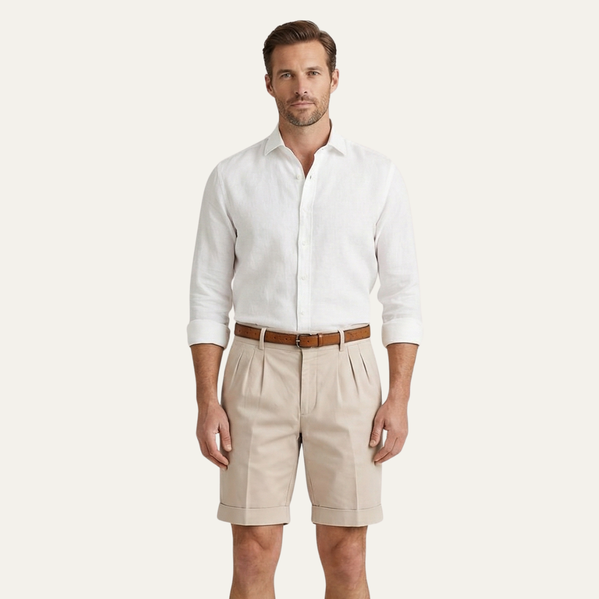 Edmund Collins | Men's Chino Shorts Double Pleat with Leather Belt