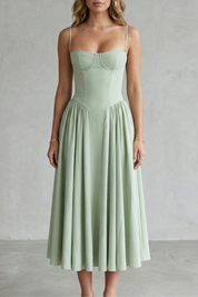Eleanor Whitfield | Sage Green Corset Midi Dress – Structured Pleated