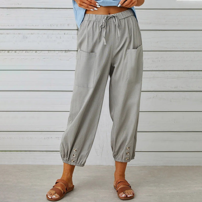 Paloma Delgado | Relaxed Drawstring Cropped Trousers with Button Hem
