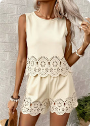 Isabeau Leclaire | Eyelet Hollow-Out Tank & Shorts Set — Butter Yellow