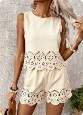 Isabeau Leclaire | Eyelet Hollow-Out Tank & Shorts Set — Butter Yellow