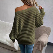 Matilda Green | Off-Shoulder Ribbed Knit Sweater