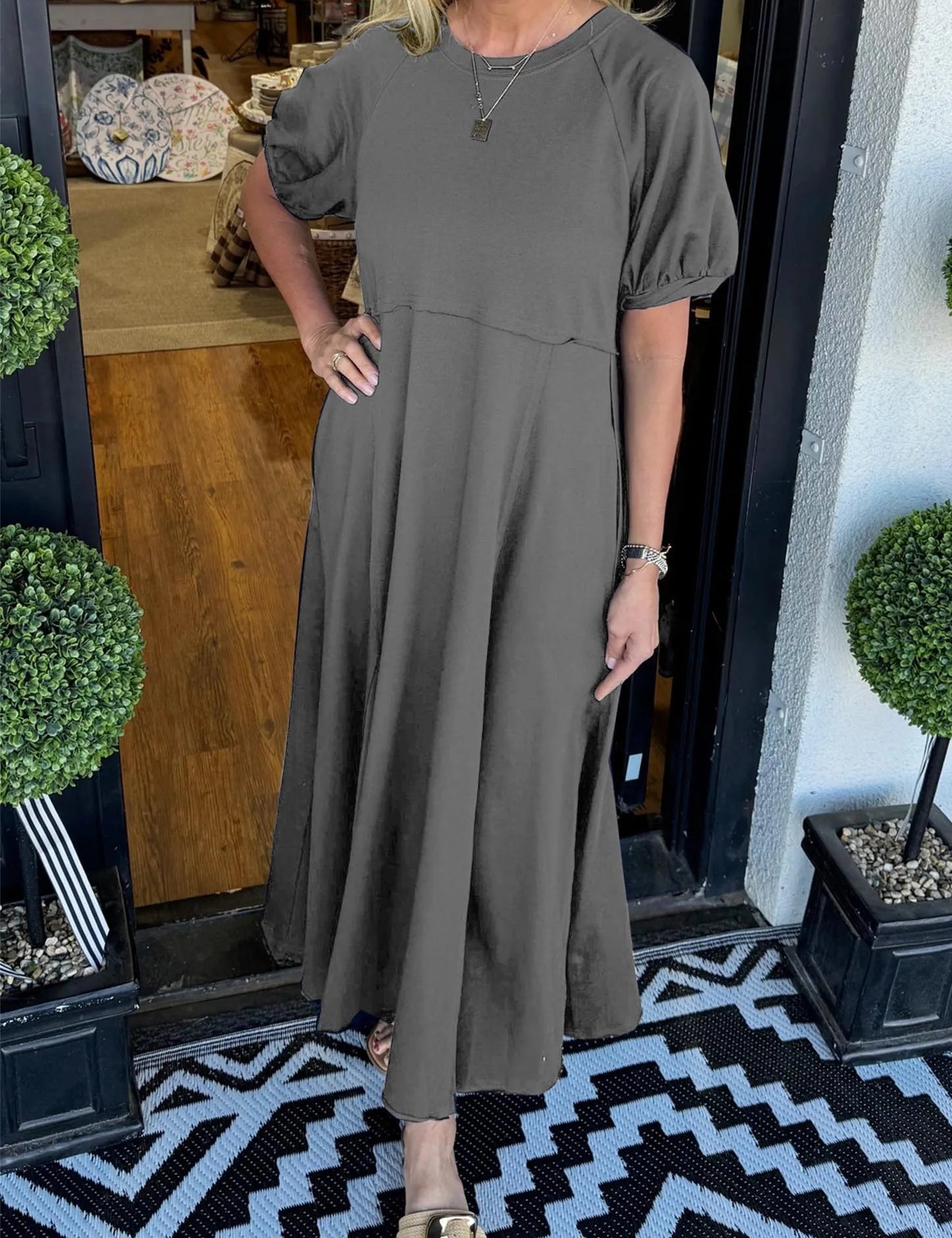 Millicent Hughes | Puff Sleeve Round Neck Maxi Dress