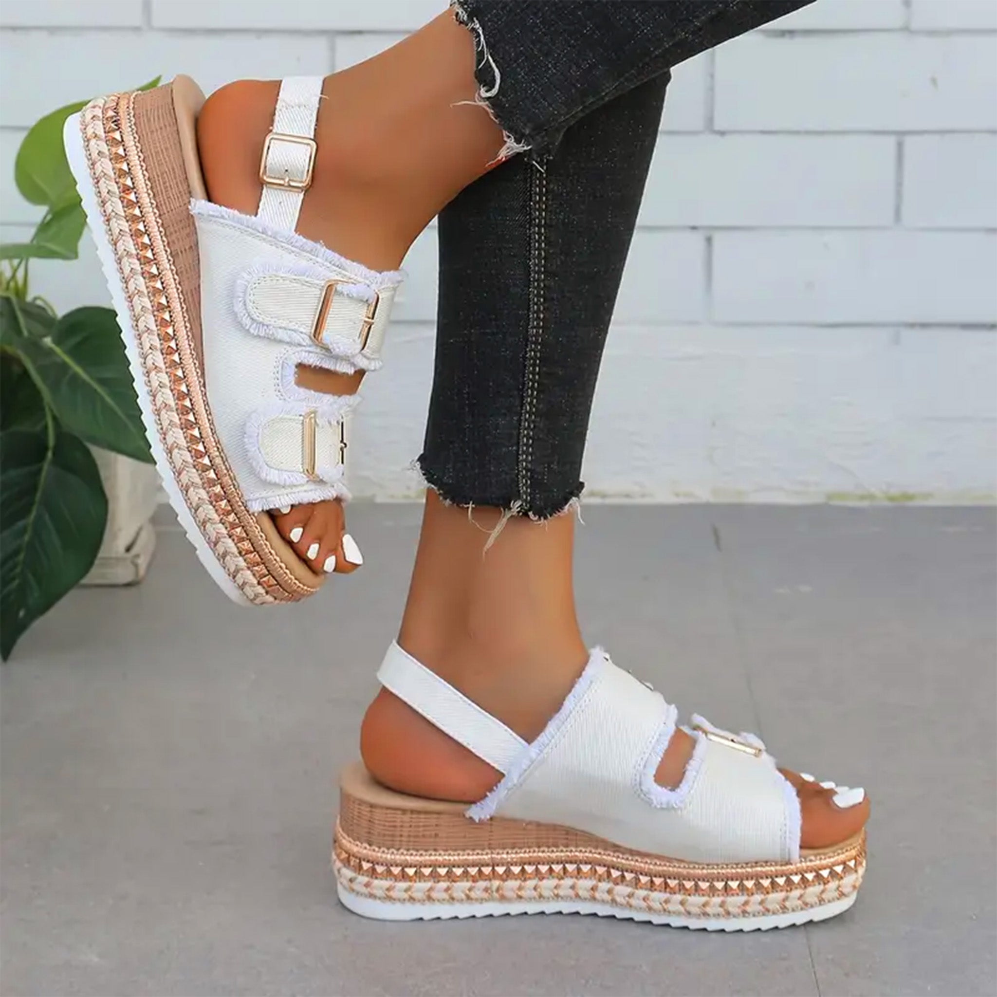 Rosie Edwards | Denim Platform Sandals with Espadrille Wedge