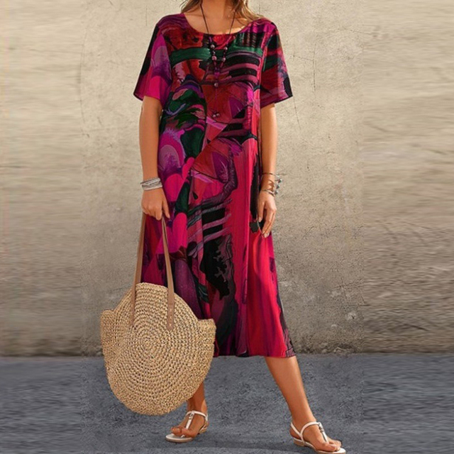 Lydia Sanderson | Women's Abstract Print Midi Dress with Short Sleeves