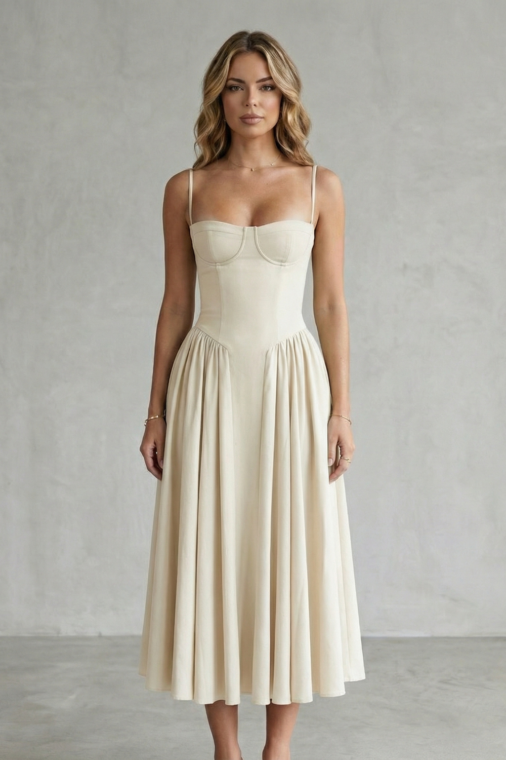 Eleanor Whitfield | Sage Green Corset Midi Dress – Structured Pleated
