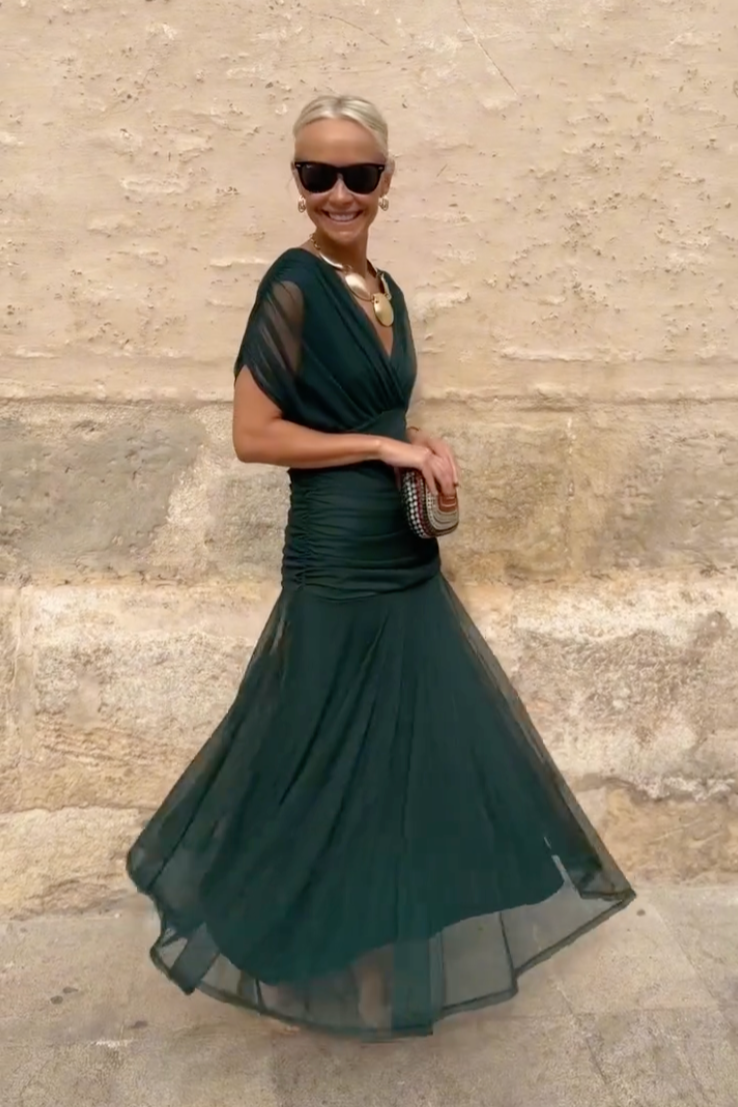 Philippa Clarke | Emerald Green V-Neck Maxi Dress with Sheer Overlay