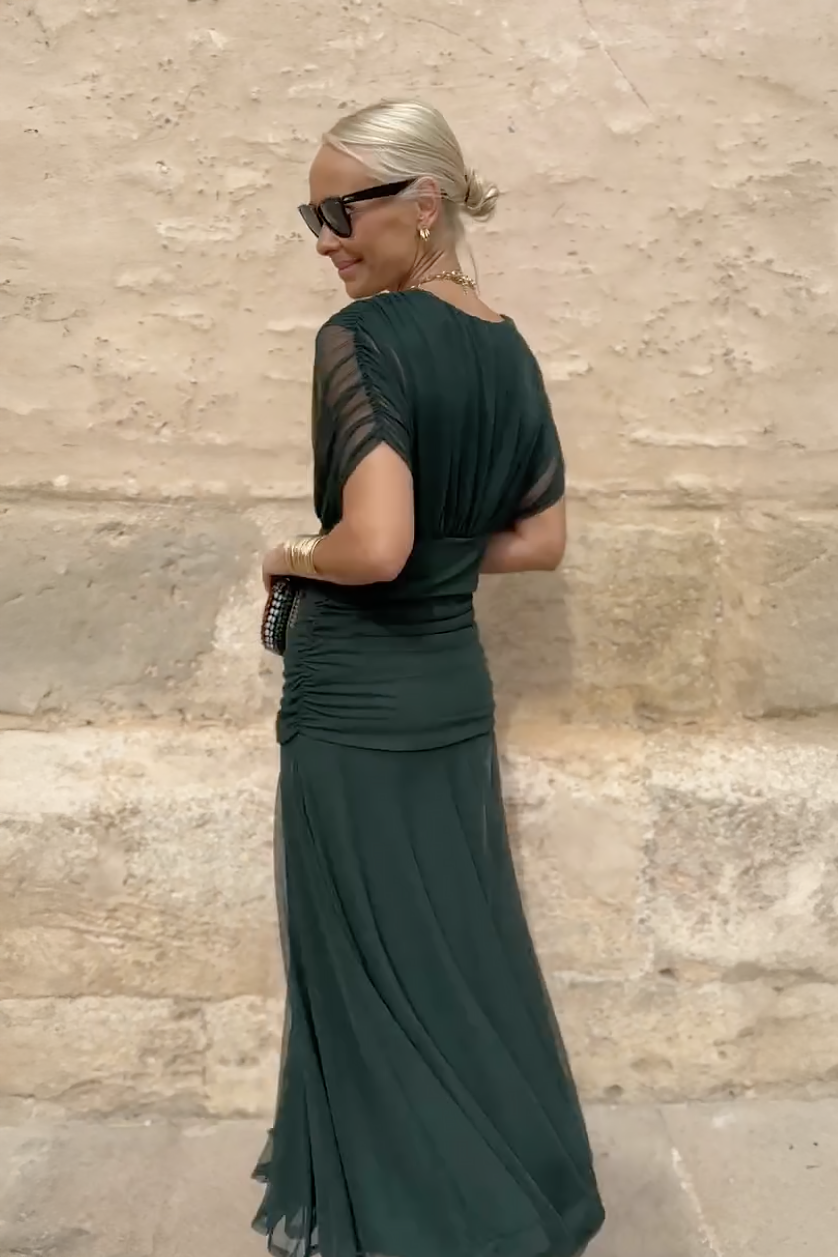 Philippa Clarke | Emerald Green V-Neck Maxi Dress with Sheer Overlay