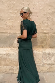 Philippa Clarke | Emerald Green V-Neck Maxi Dress with Sheer Overlay