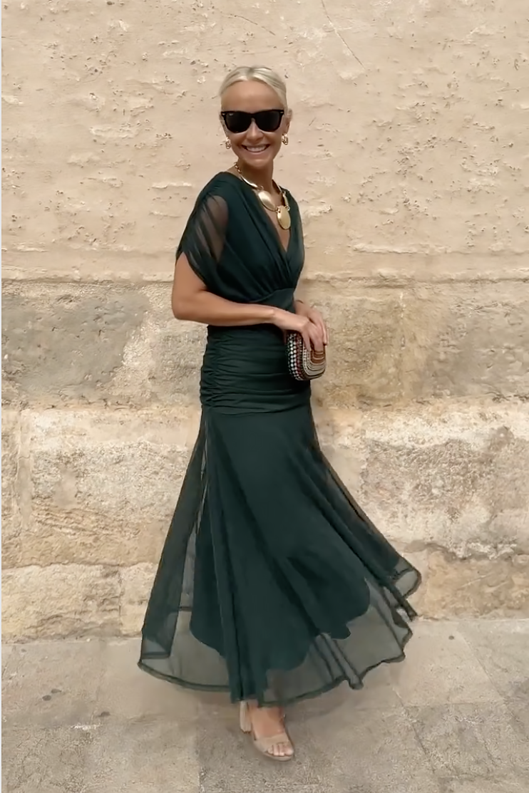 Philippa Clarke | Emerald Green V-Neck Maxi Dress with Sheer Overlay