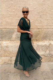 Philippa Clarke | Emerald Green V-Neck Maxi Dress with Sheer Overlay