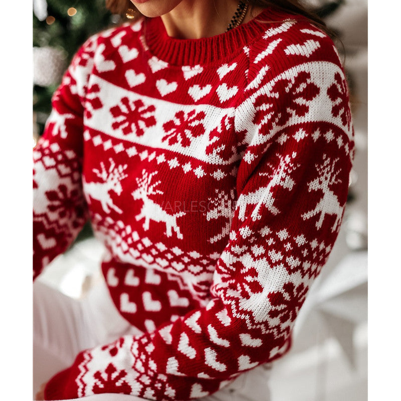 Winter Cheer | Pull de Noël à motif jacquard cerf rouge pour femmes
