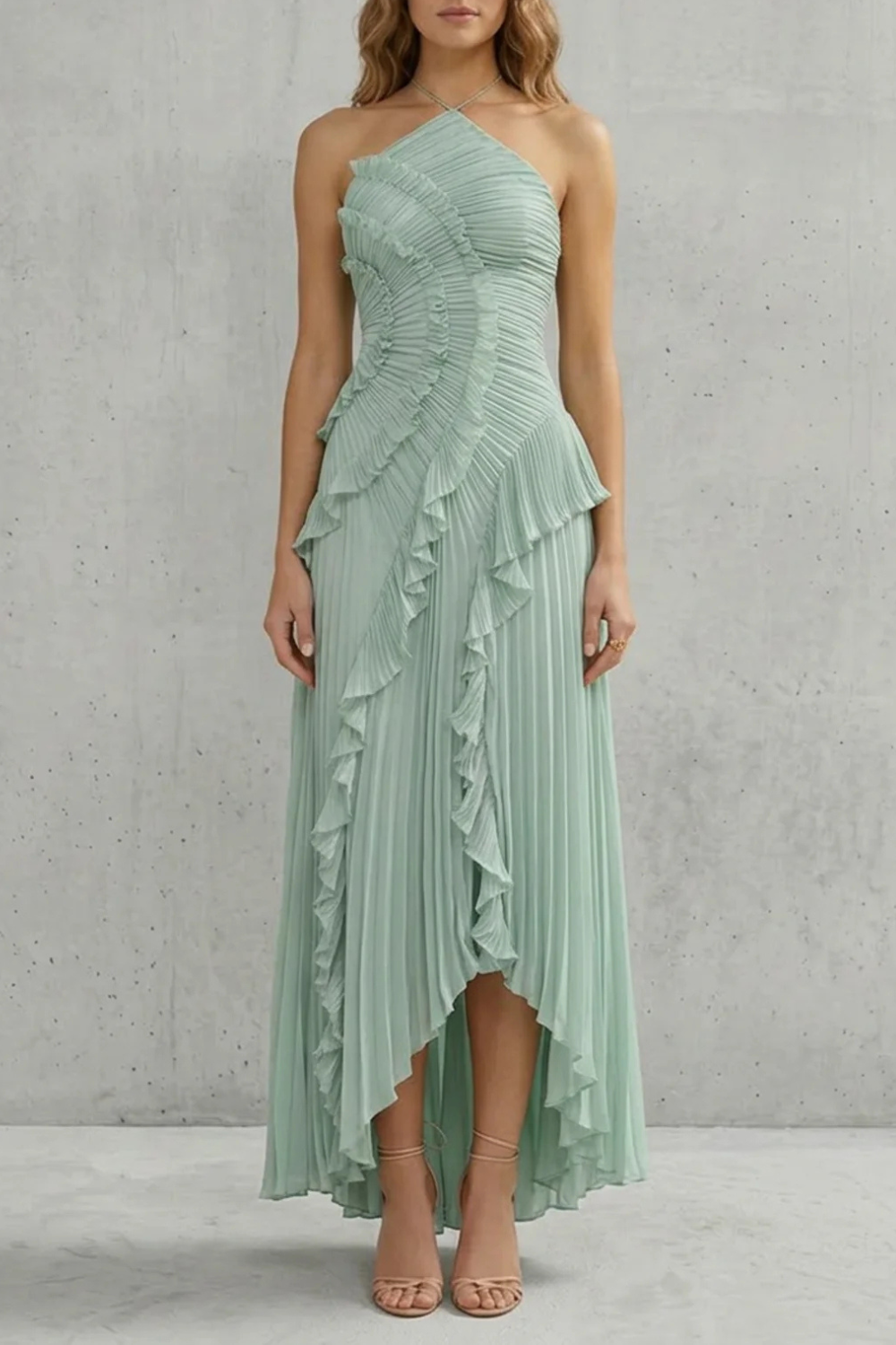 Cordelia Ashton | Sculpted Pleats Halter Midi Dress in Dusty Lilac