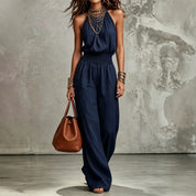 Cecily Adams | Halter Neck Wide-Leg Jumpsuit with Smocked Waist