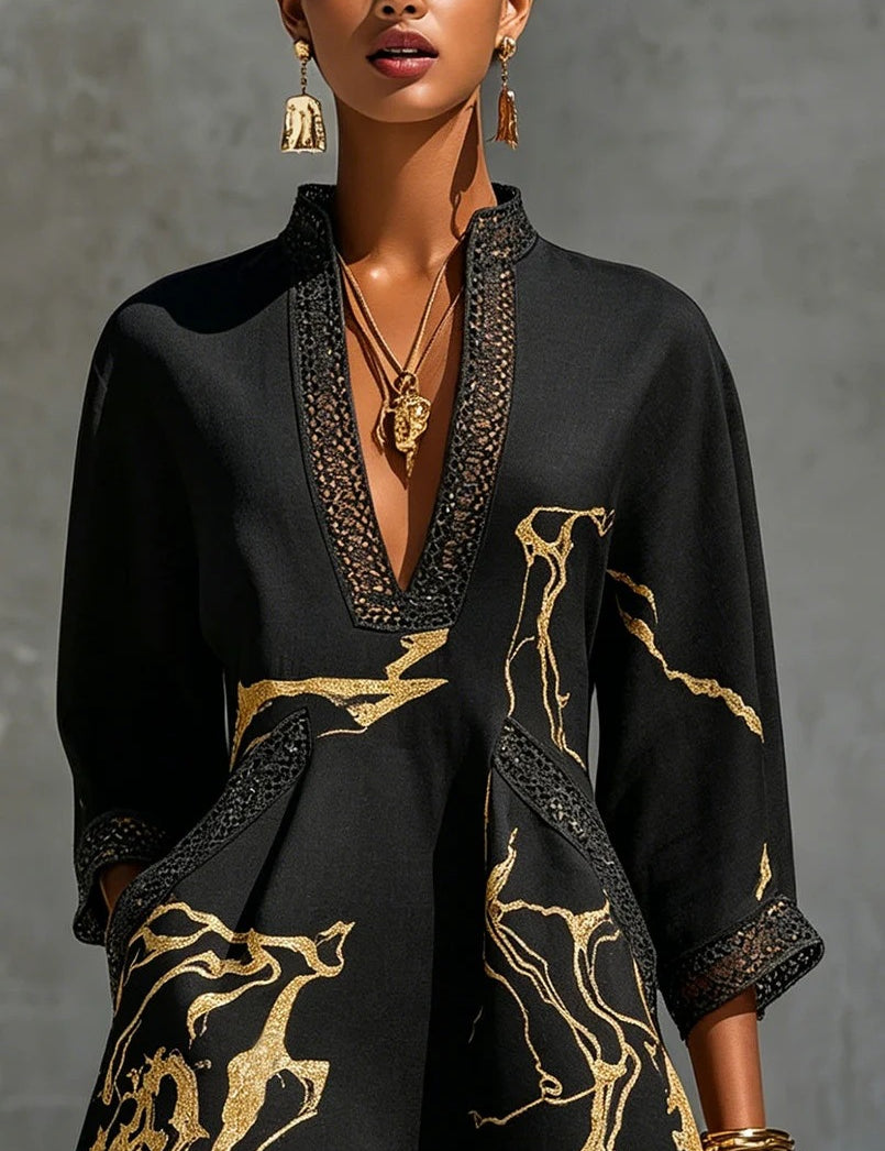 Orla Jones | Printed V-Neck Lace-Trim Mini Dress