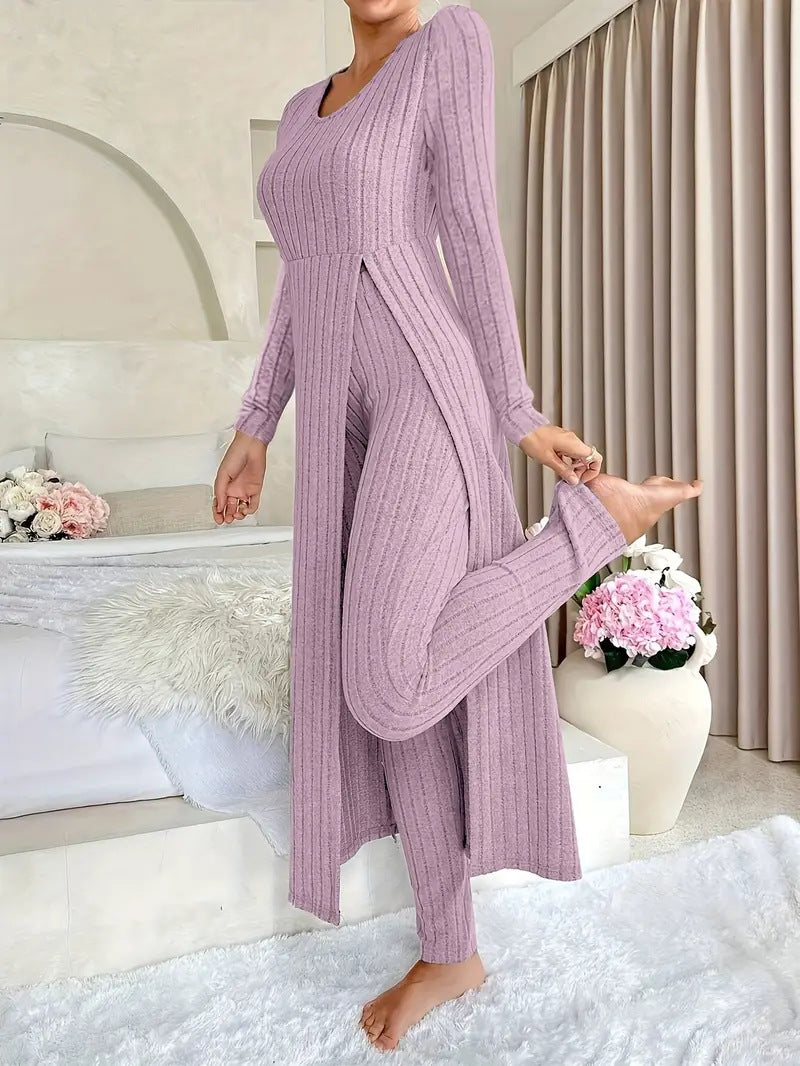 Clementine Kingsley | Prążkowany dzianinowy kardigan typu duster i spodnie w komplecie