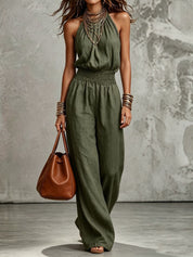 Cecily Adams | Halter Neck Wide-Leg Jumpsuit with Smocked Waist