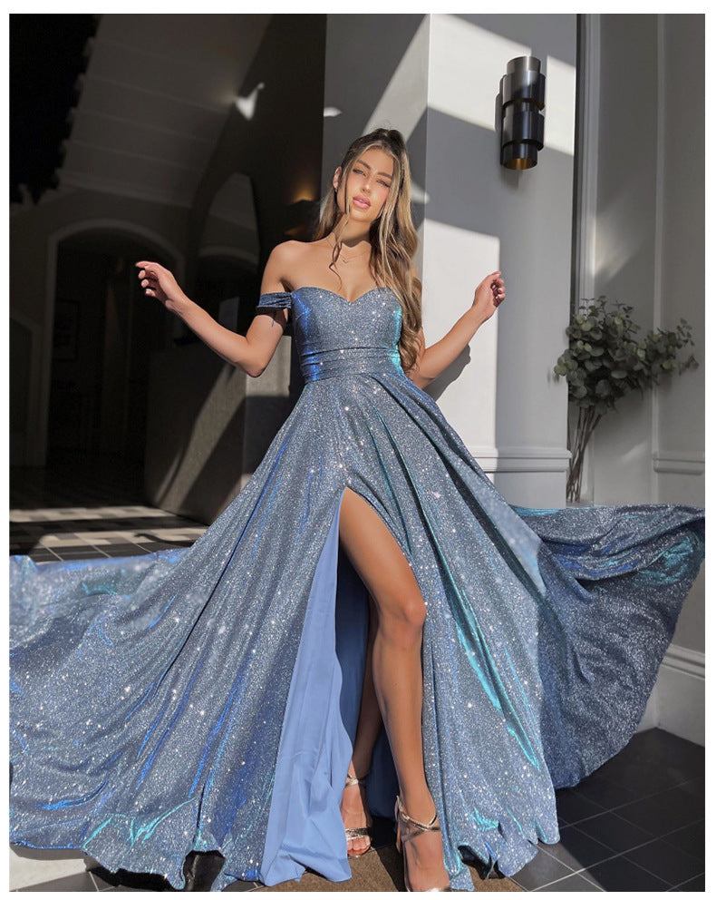 Cassandra Ashwood | Robe longue fendue à épaules dénudées et sequins