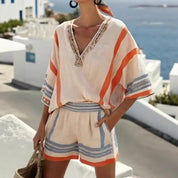 Soraya Dimitriou | Linen Striped V-Neck Top & Shorts Set – Coastal Summer Co-ord