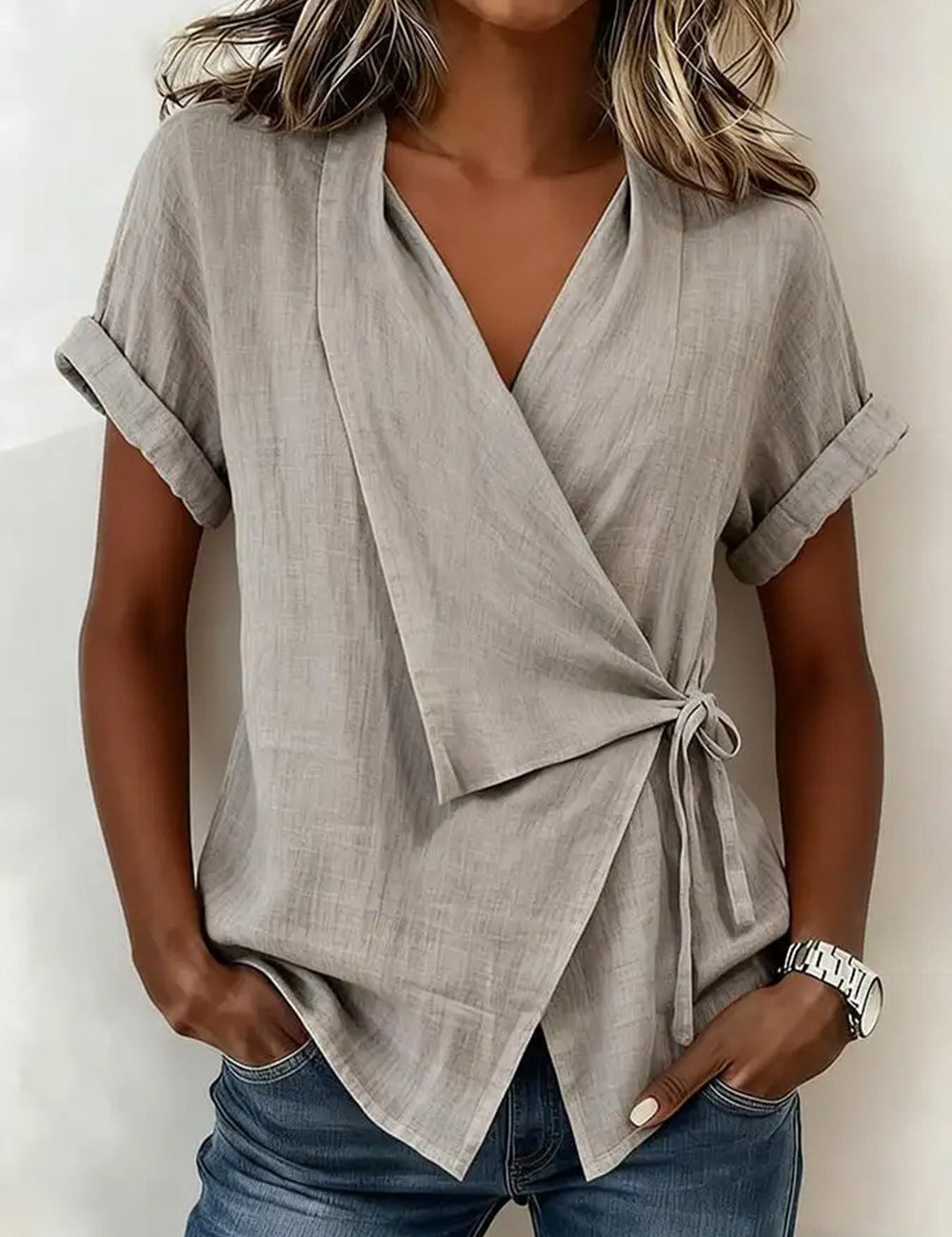 Camille Rousseau | Linen Wrap Blouse with Tie Waist