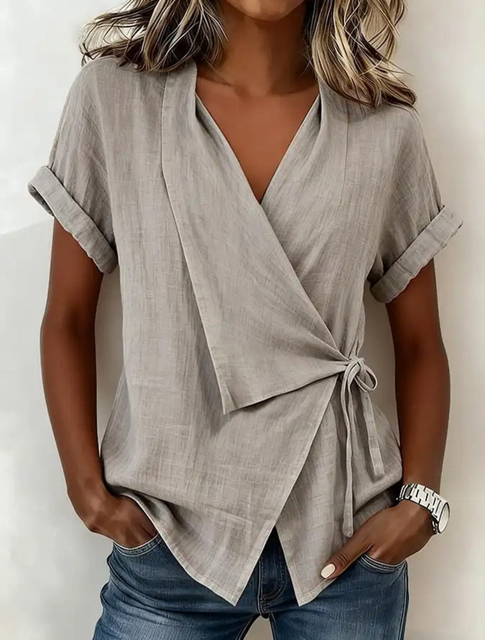 Camille Rousseau | Linen Wrap Blouse with Tie Waist