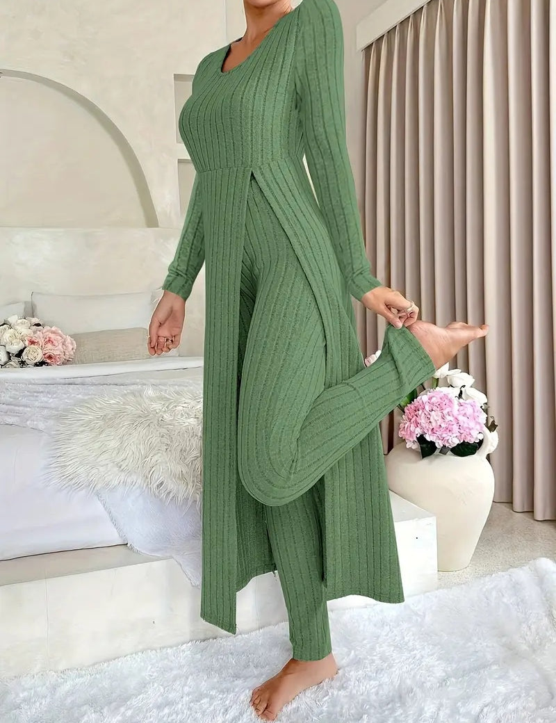 Clementine Kingsley | Ensemble cardigan long en maille côtelée et pantalon