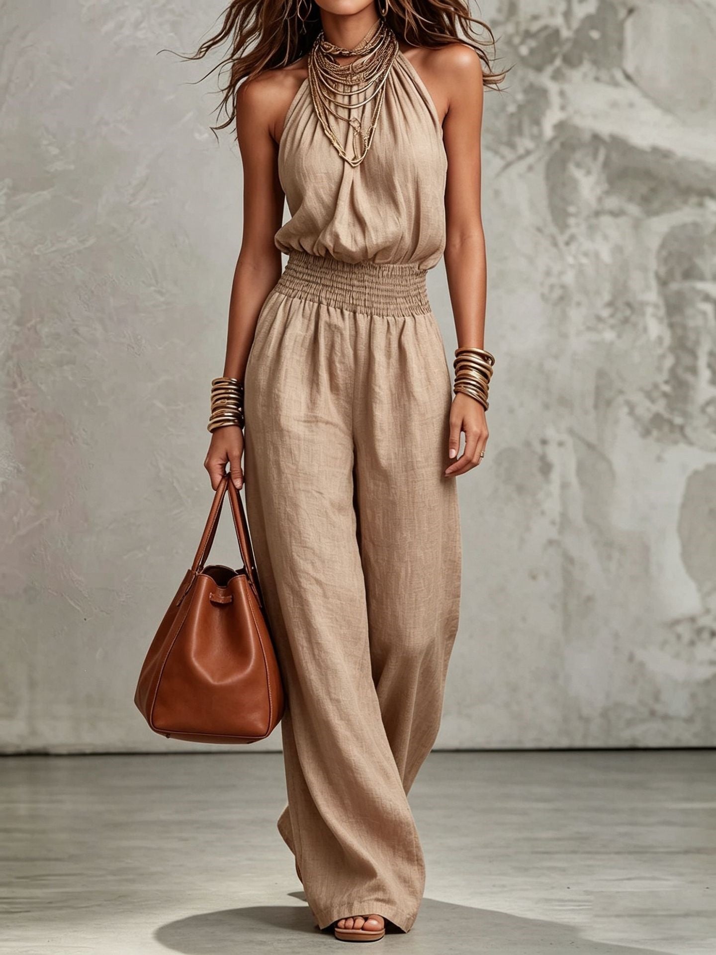 Cecily Adams | Halter Neck Wide-Leg Jumpsuit with Smocked Waist