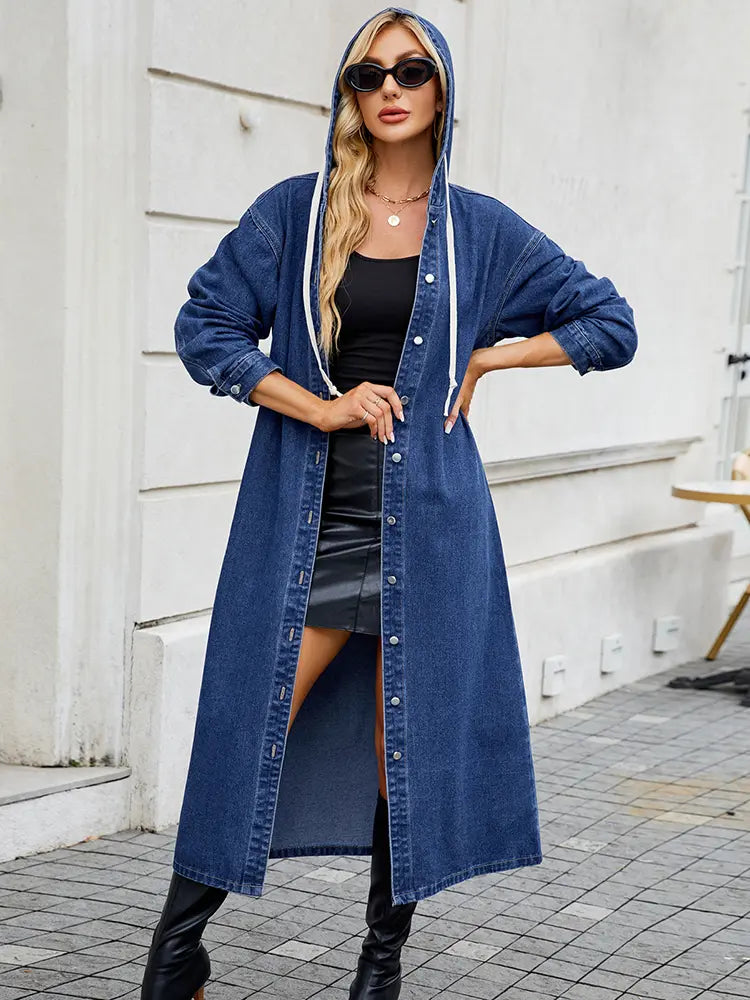 Harriet Weston | Trench-coat long en jean à capuche – Luxe streetwear décontracté