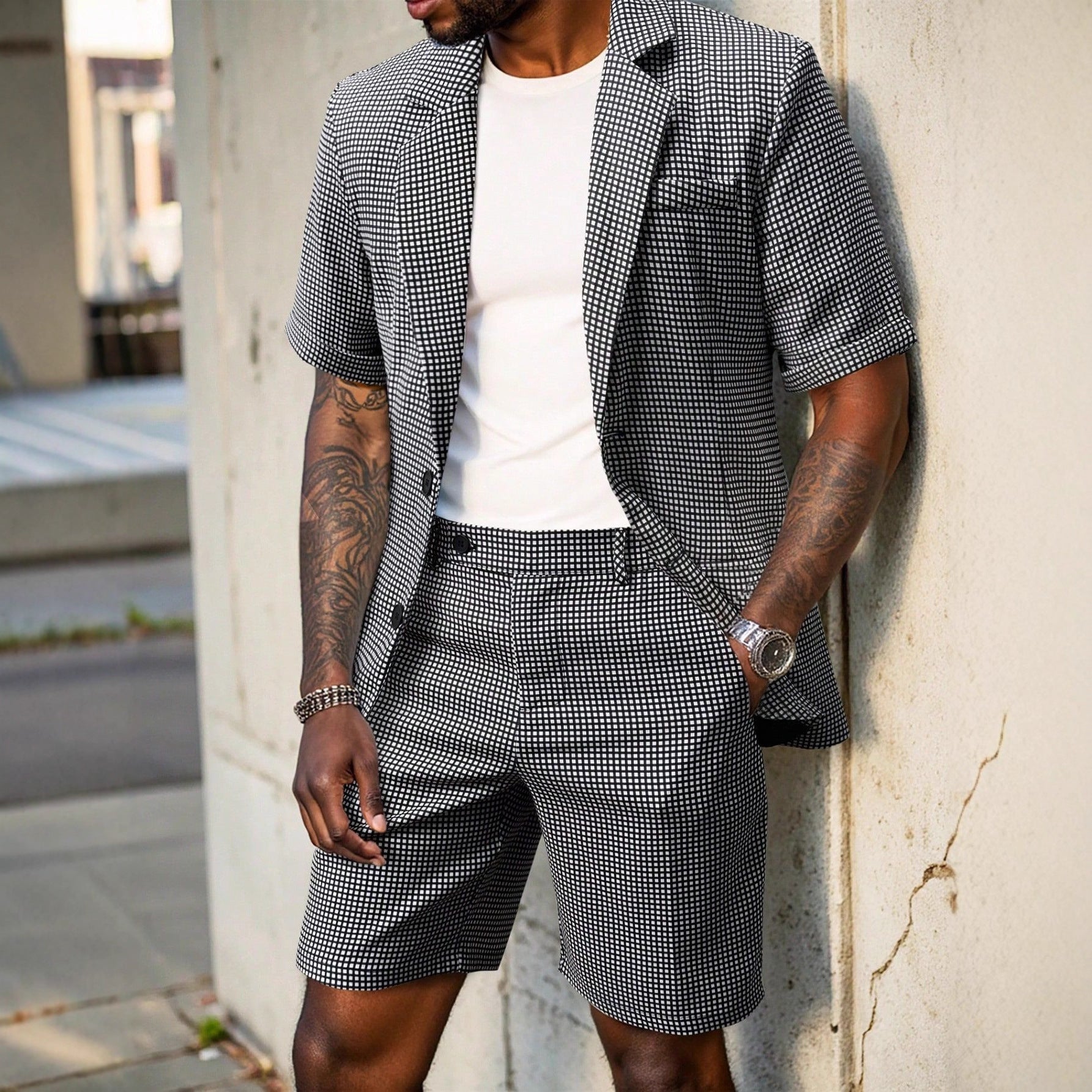 Elliot Barnes | Men's Houndstooth Check Two-Piece Set – Short Sleeve Blazer & Shorts