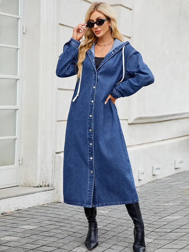 Harriet Weston | Trench-coat long en jean à capuche – Luxe streetwear décontracté