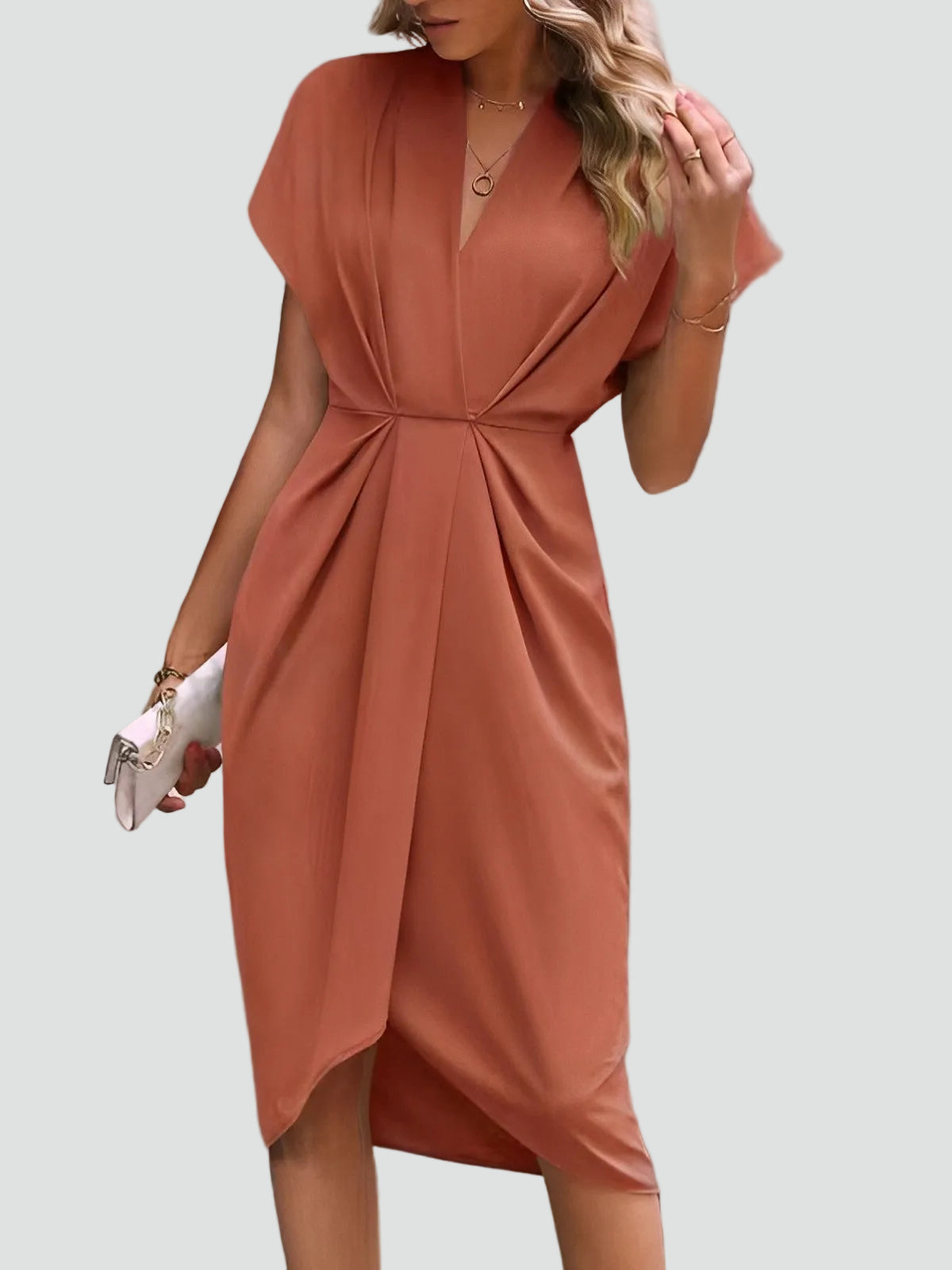Charlotte Davies | Wrap Midi Dress in Stone Beige