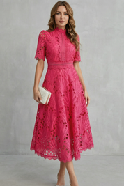 Arabella Courtney | Ornate Lace High-Neck Midi Dress in Fuchsia Pink