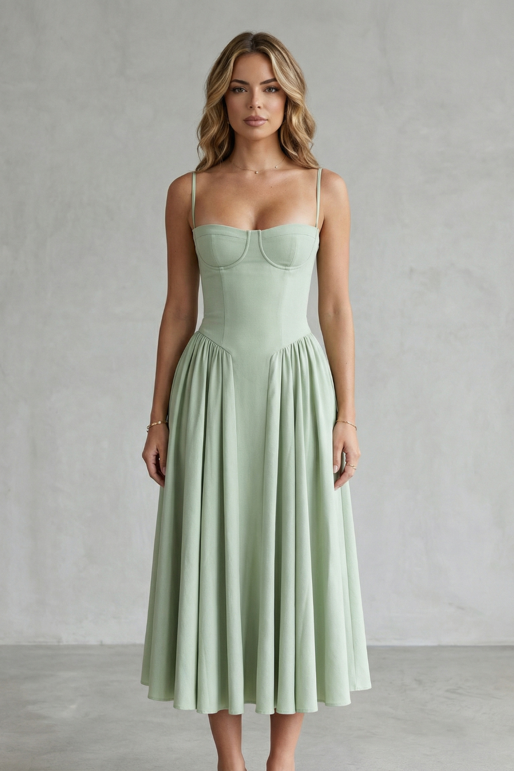Eleanor Whitfield | Sage Green Corset Midi Dress – Structured Pleated