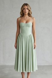 Eleanor Whitfield | Sage Green Corset Midi Dress – Structured Pleated