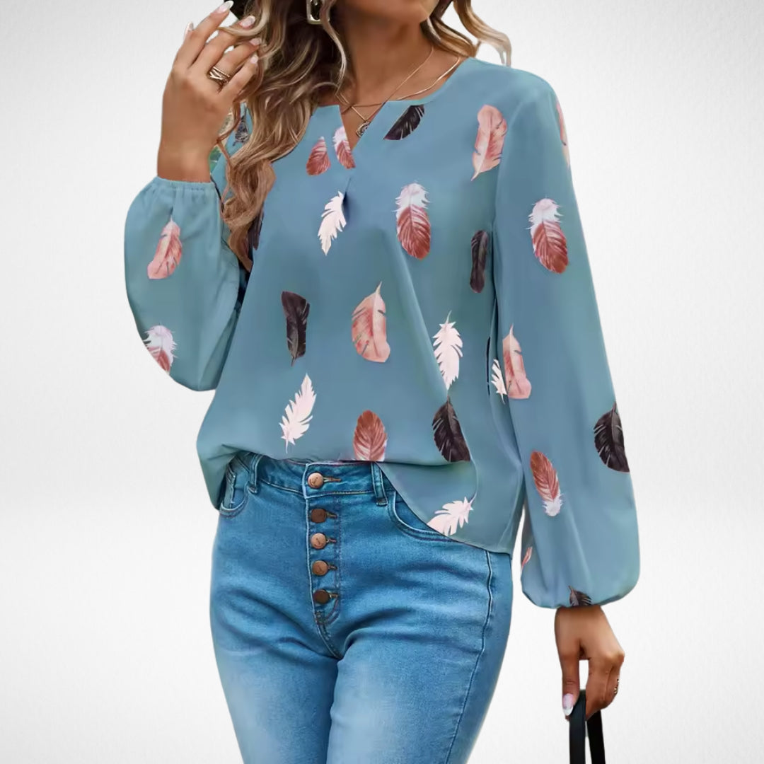 Georgia Marlowe | Feather Print Blouse With Bishop Sleeves