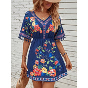 Esmeralda Fuentes | Bohemian Floral Print Mini Dress with Tassel Trim